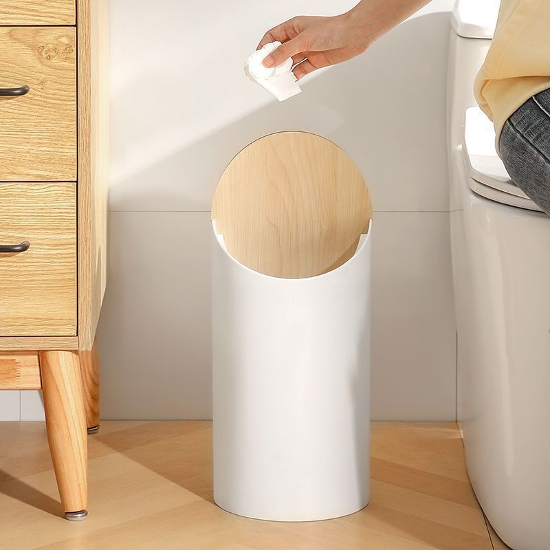 1pc Fashionable White ABS Trash Can with Automatic Flip Lid, Easy Ring Press Opening, Suitable for Bathroom and Living Room