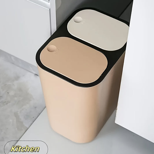 2-Compartment Rectangular Trash Can with Pop-Up Lid, Dry\u002FWet Separation, Quiet Close, Space-Saving Design for Home, Bedroom, Living Room, Kitchen, Bathroom - Durable Plastic, No Electricity Needed, Trash Can for Bathroom, In Home Recycling Bins