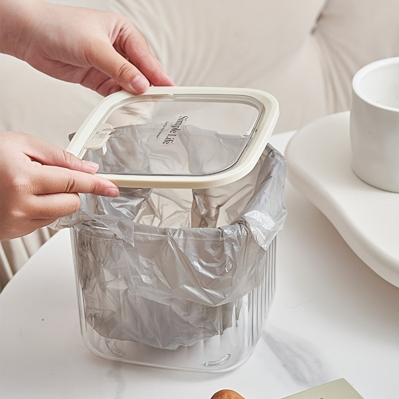 Multifunctional Transparent Desktop Trash Can with Lid - Plastic Rectangle Wastebasket, Open-Top, No Electricity Needed, Creative Office and Home Kitchen Garbage Bin