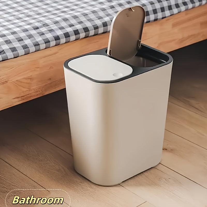 2-Compartment Rectangular Trash Can with Pop-Up Lid, Dry\u002FWet Separation, Quiet Close, Space-Saving Design for Home, Bedroom, Living Room, Kitchen, Bathroom - Durable Plastic, No Electricity Needed, Trash Can for Bathroom, In Home Recycling Bins