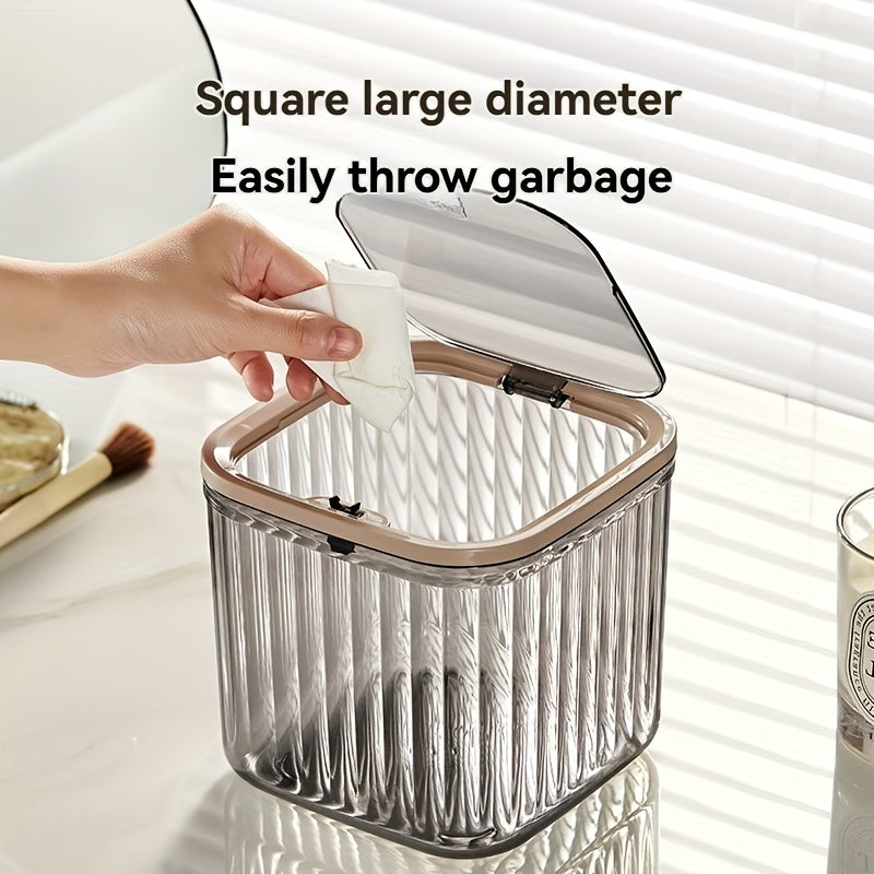 Multifunctional Transparent Desktop Trash Can with Lid - Plastic Rectangle Wastebasket, Open-Top, No Electricity Needed, Creative Office and Home Kitchen Garbage Bin